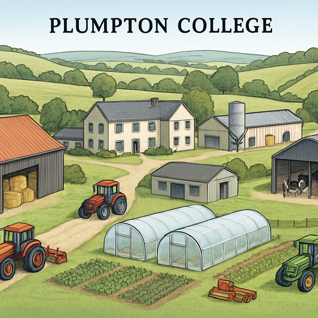 A scenic view of Plumpton College, showcasing its agricultural facilities and green landscapes. Ideal for illustrating its land-based educational focus. Plumpton College campus with agricultural facilities and green surroundings.