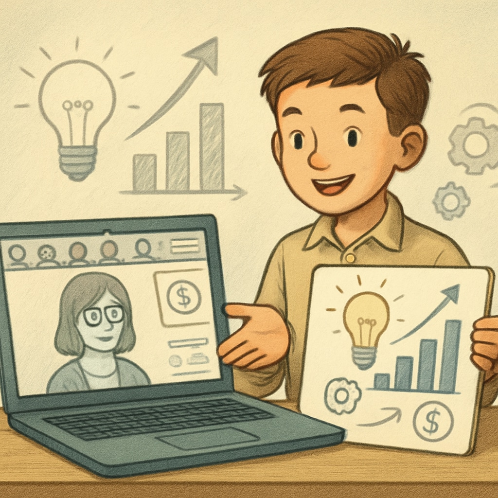A young student presenting a creative business idea during a virtual session, symbolizing entrepreneurial growth. A young learner showcasing their business idea during a SkillSpring Foundation virtual session.