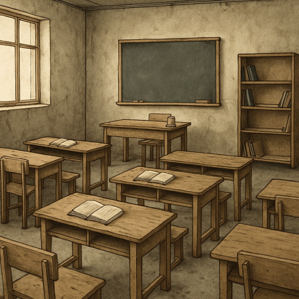 A classroom with fewer resources, illustrating the impact of funding cuts on public education. Image of a poorly resourced classroom representing public schools affected by privatization.