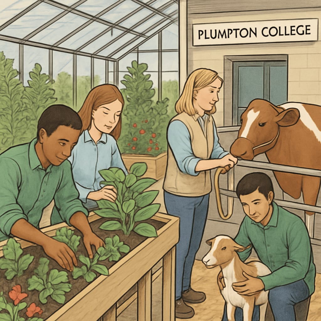 Students engaged in hands-on learning activities at Plumpton College, such as tending to plants in a greenhouse or caring for animals. Ideal for demonstrating the practical aspects of education. Students learning practical skills like plant care and animal husbandry at Plumpton College.