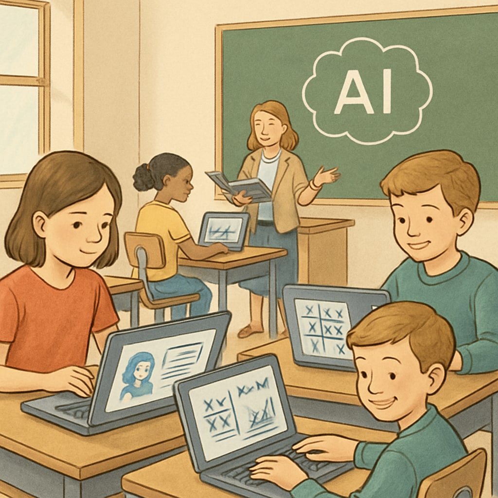A classroom setting with students using laptops, showcasing AI-powered educational tools in action. Students in a classroom using AI tools for learning, highlighting the role of technology in K-12 education.