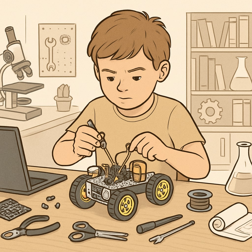 A creative child working on a hands-on STEM project, surrounded by tools and materials. The child appears focused and engaged in their activity, symbolizing the importance of tactile learning. Creative child engaged in a STEM project, highlighting hands-on learning and creativity.
