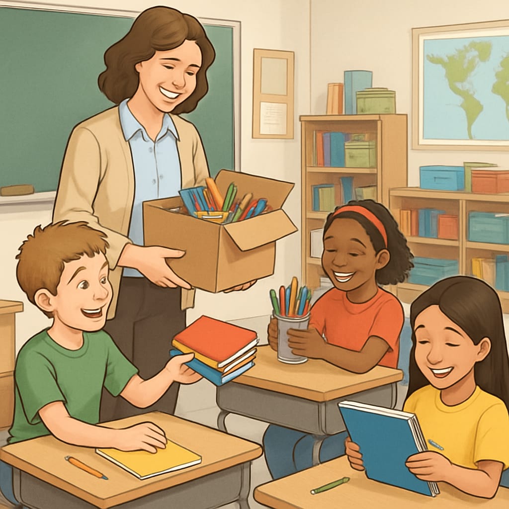 A teacher distributing donated school supplies to students in a classroom. The teacher is smiling, and the students appear excited to receive their new materials. A teacher handing out donated classroom supplies to students.