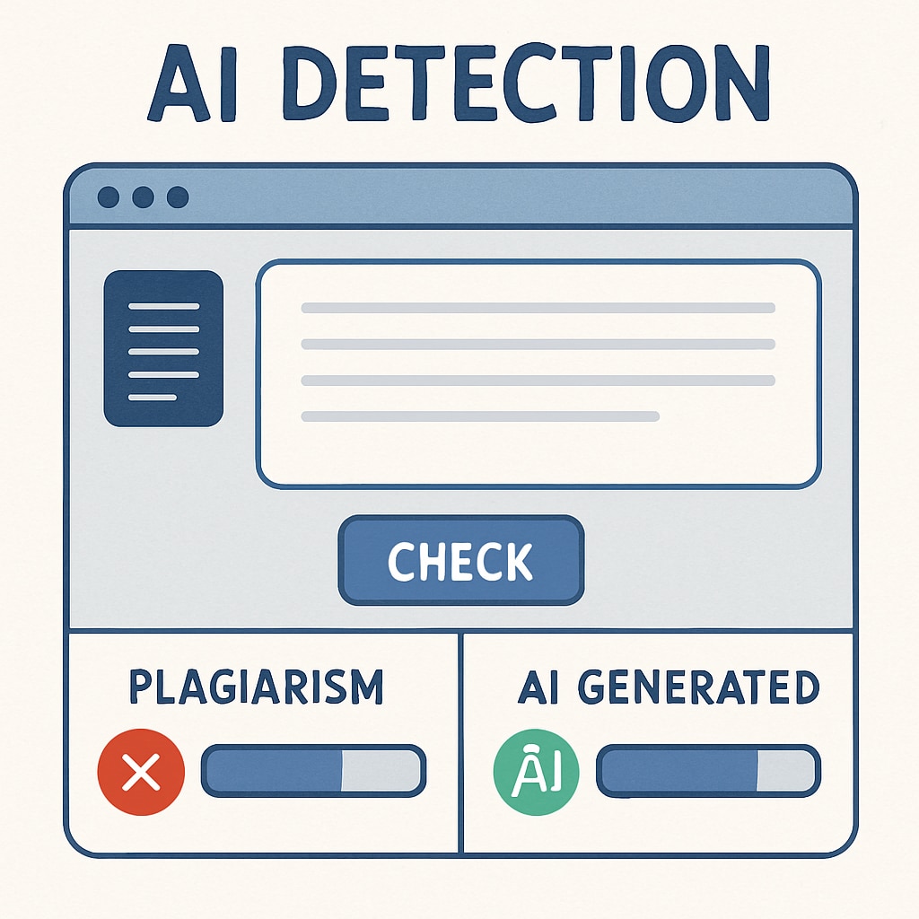 A screenshot of an AI detection tool interface, highlighting features such as plagiarism analysis and AI content identification. AI detection tool interface demonstrating its ability to analyze plagiarism and identify AI-generated content.