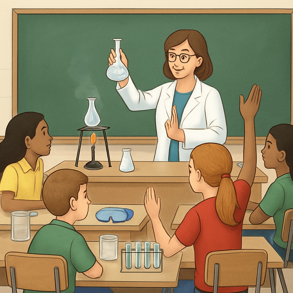 A teacher conducting an interactive science experiment in a middle school classroom. An interactive science experiment being conducted by a teacher in a middle school classroom.