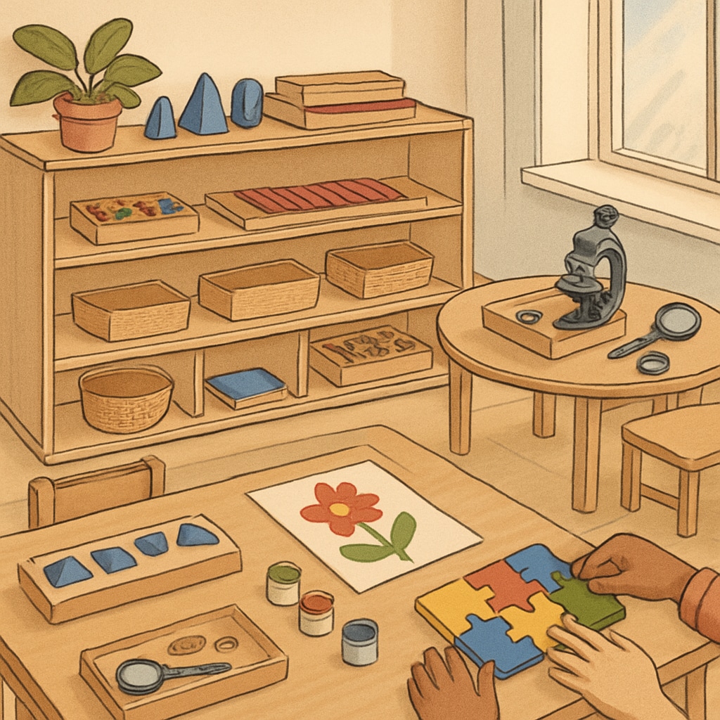 A classroom environment featuring Montessori-style hands-on activities, such as wooden puzzles, creative art projects, and tools encouraging exploration. Montessori-style classroom promoting hands-on creative learning methods for children.