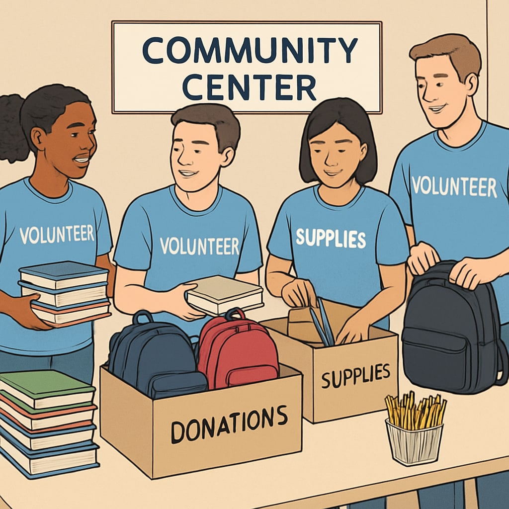 Volunteers organizing donated school supplies in a community center. The supplies include books, pencils, and backpacks, neatly arranged on tables. Volunteers organizing donated school supplies at a community center.