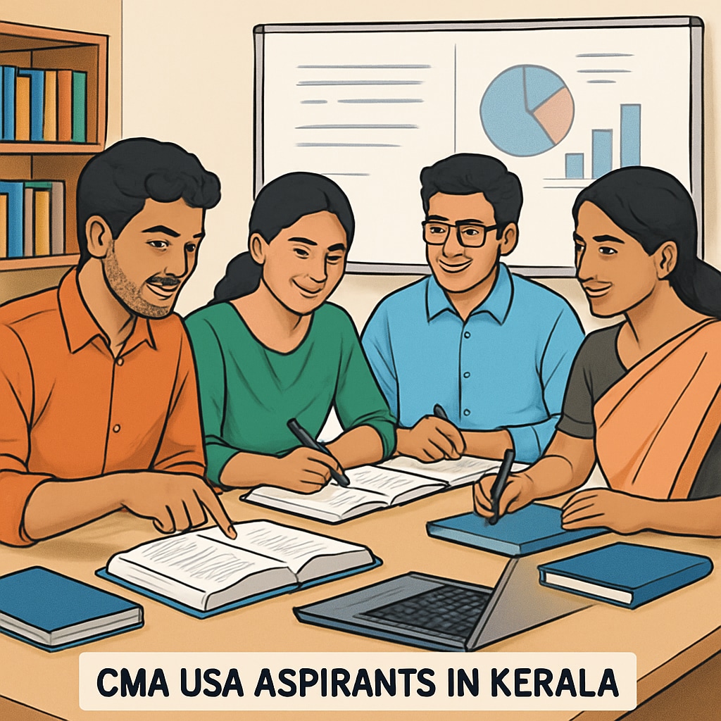 A group of CMA USA aspirants in Kerala engaging in a study session or workshop environment. CMA USA aspirants discussing study materials in a collaborative learning session in Kerala.
