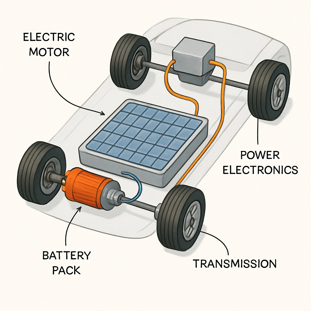 A technical diagram of an electric vehicle's powertrain system, illustrating the integration of electrical and mechanical components. Diagram of an electric vehicle's powertrain system showcasing electrical learning in the automotive industry.