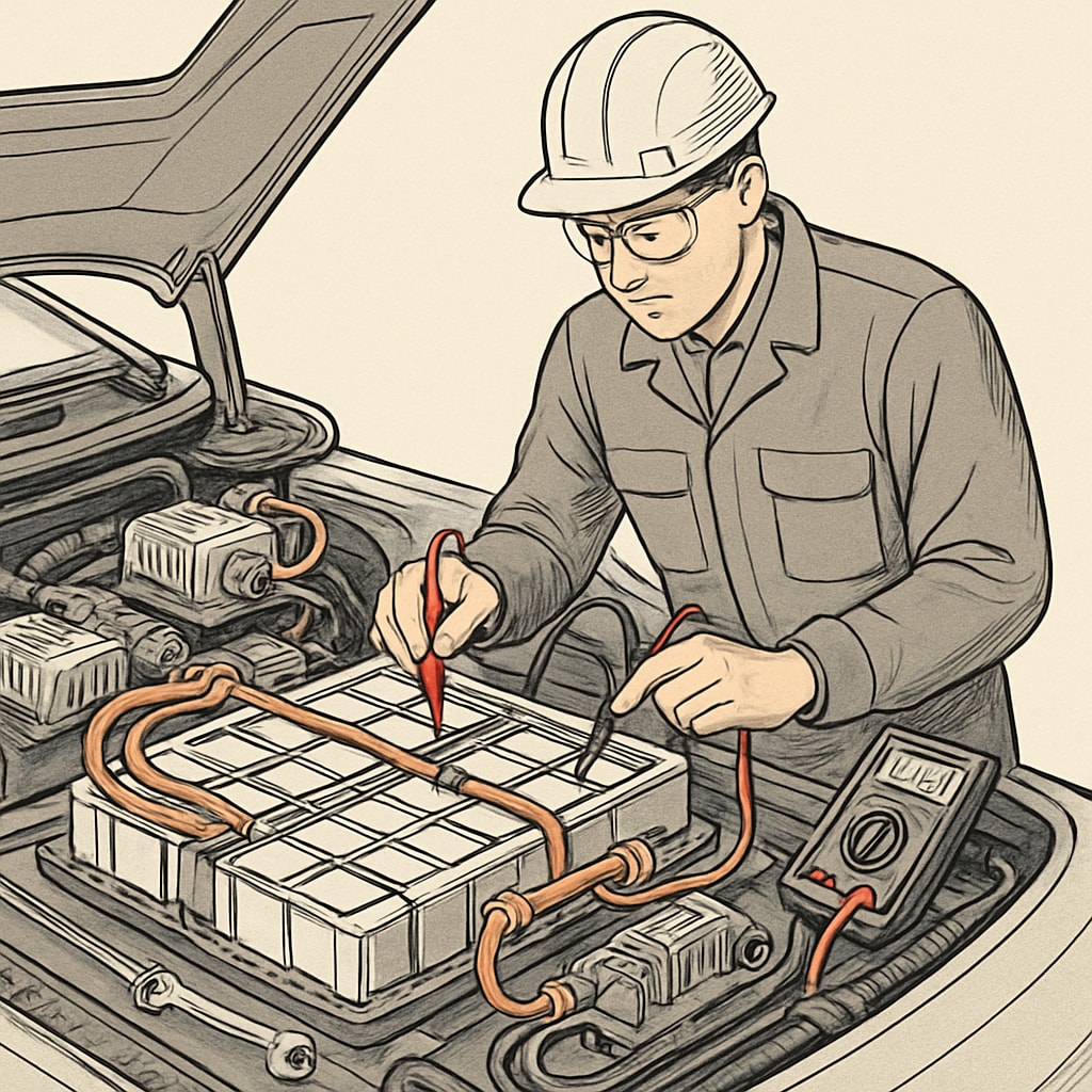 An automotive engineer working on an electric vehicle's battery system, showcasing hands-on application of electrical knowledge. Automotive engineer applying electrical learning to an EV's battery system.