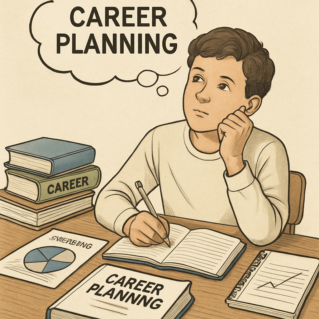 A young student sitting at a desk with career planning materials, looking thoughtful. The image highlights the process of introspection and decision-making after academic interruptions. Student reflecting on career planning materials after academic disruptions