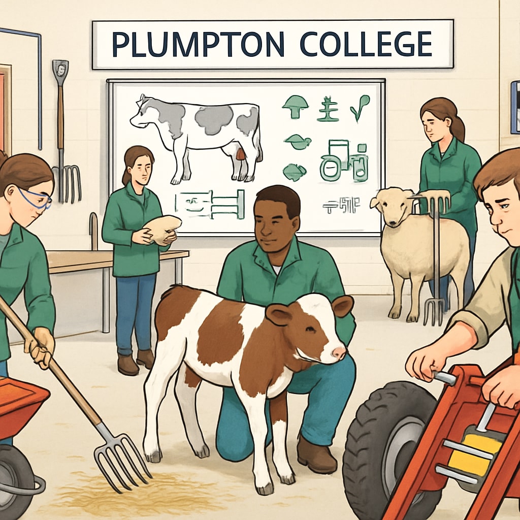 Plumpton College vocational training environment featuring students and agriculture-related equipment.