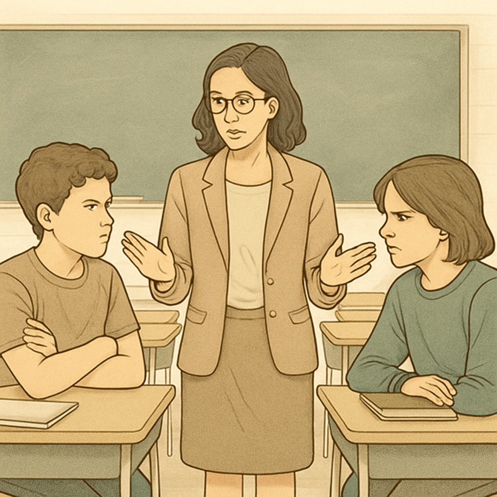 A teacher mediating a conflict between two students in a classroom setting, emphasizing the importance of early intervention in handling bullying incidents. School bullying intervention with a teacher guiding students through conflict resolution.