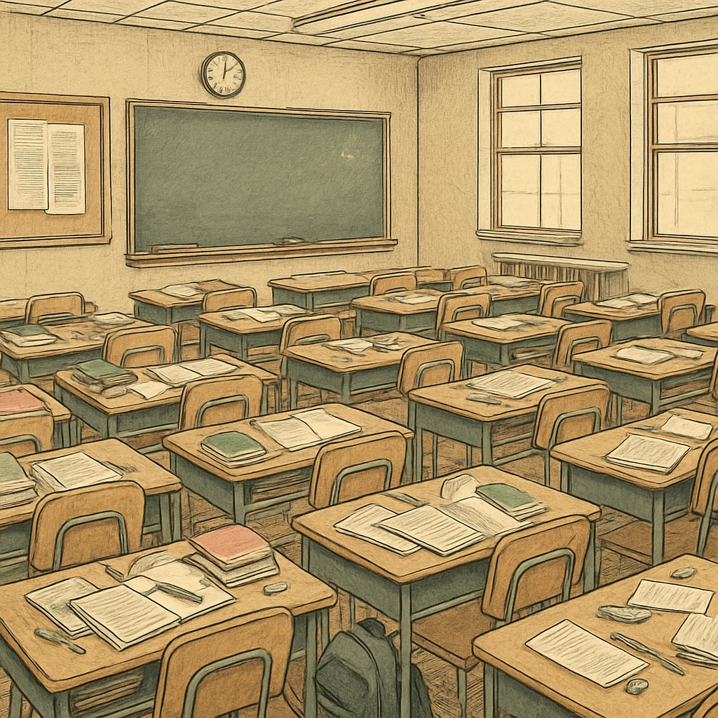 A classroom in a struggling public high school, showing overcrowded conditions and limited resources. Overcrowded public school classroom highlighting resource limitations.