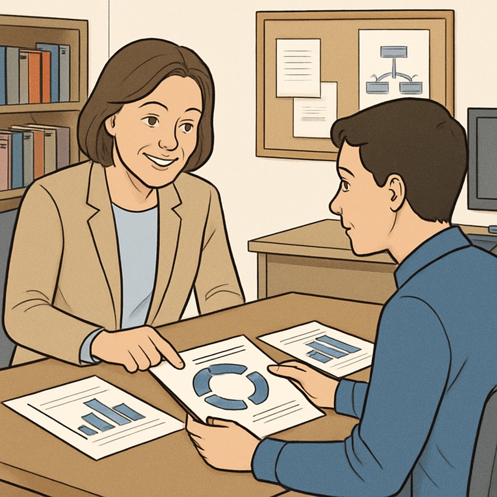 A career counselor working with a student, reviewing charts and career path options. The image emphasizes the importance of professional guidance in making informed career decisions. Career counselor guiding a student on career paths and options