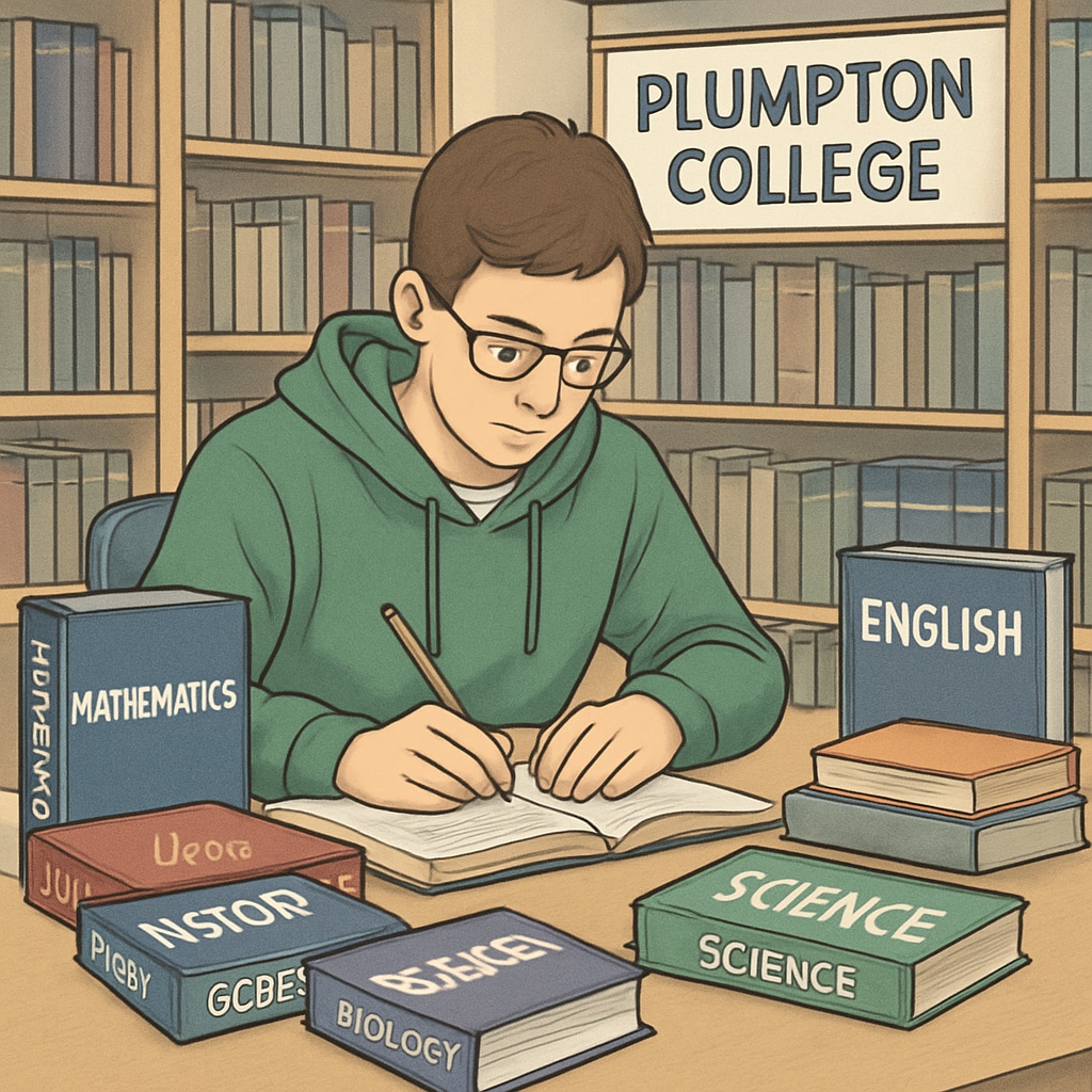 Plumpton College library study session with GCSE-related materials.