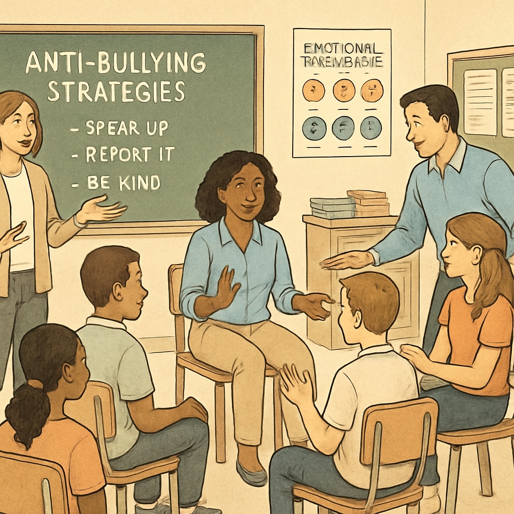 School counselors conducting a workshop with students to teach anti-bullying strategies and emotional intelligence, highlighting the role of educational programs in prevention. Anti-bullying workshop led by school counselors, focusing on emotional intelligence.