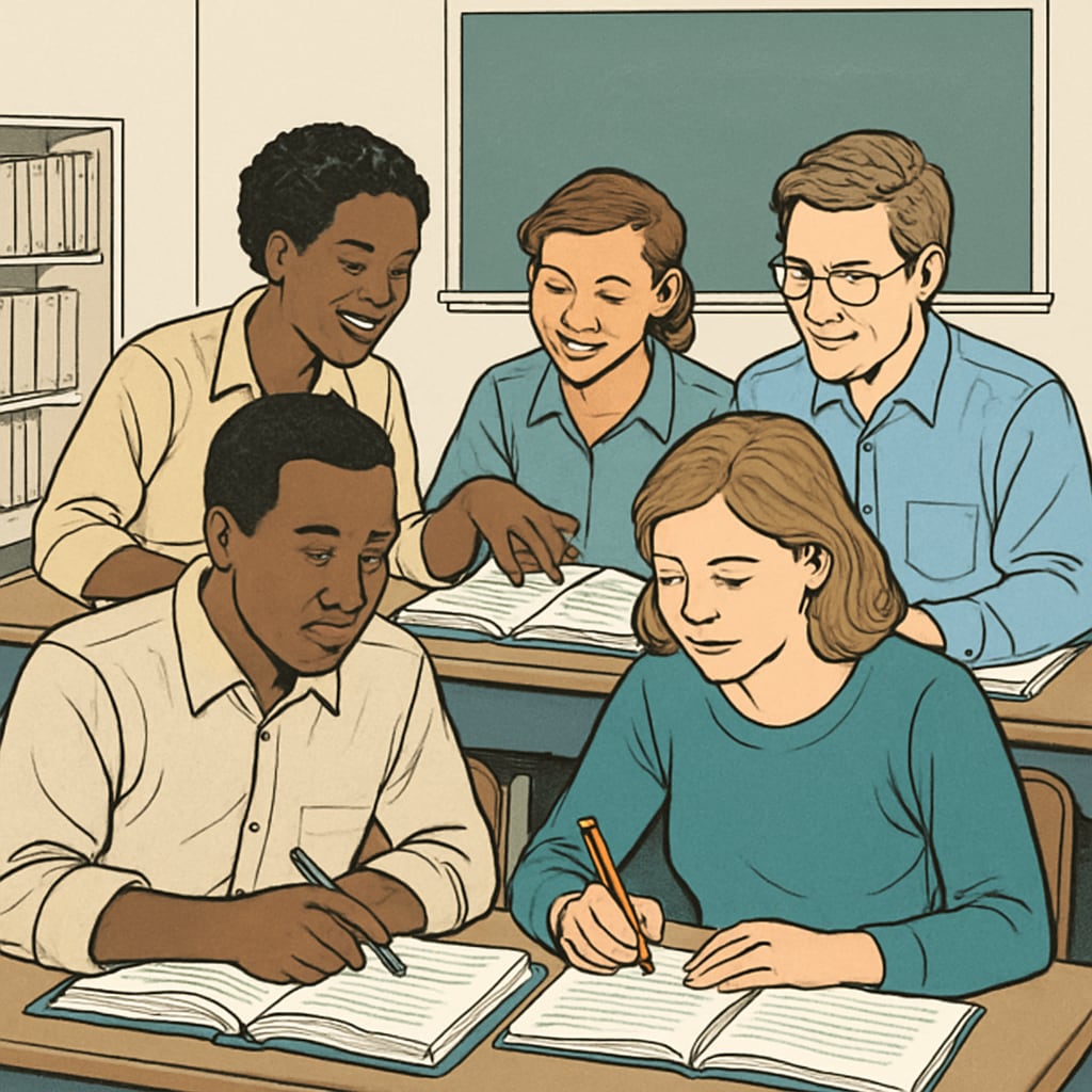 A diverse group of adult students studying together in a classroom setting. Adult education, GED, college admission: students in a classroom
