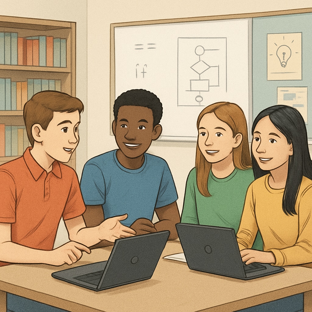 A group of young students discussing programming concepts on laptops, symbolizing the rising interest in AI-related fields among teenagers. Students discussing programming concepts in AI-related fields