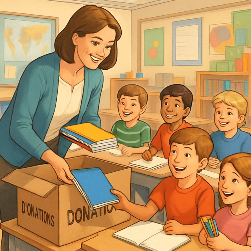 A teacher distributing donated school supplies to her students in a lively classroom setting. Teacher distributing donated classroom supplies to students.