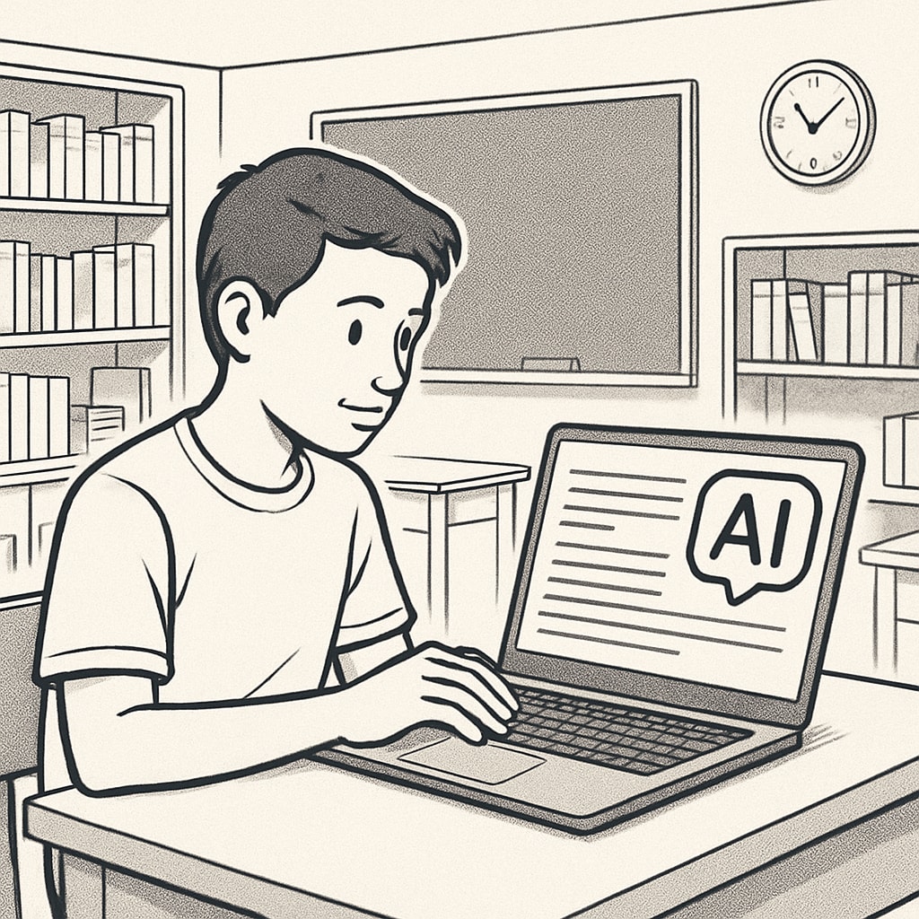 A student using an AI-powered writing tool on their laptop in a classroom setting. A student using an AI tool on their laptop during class.