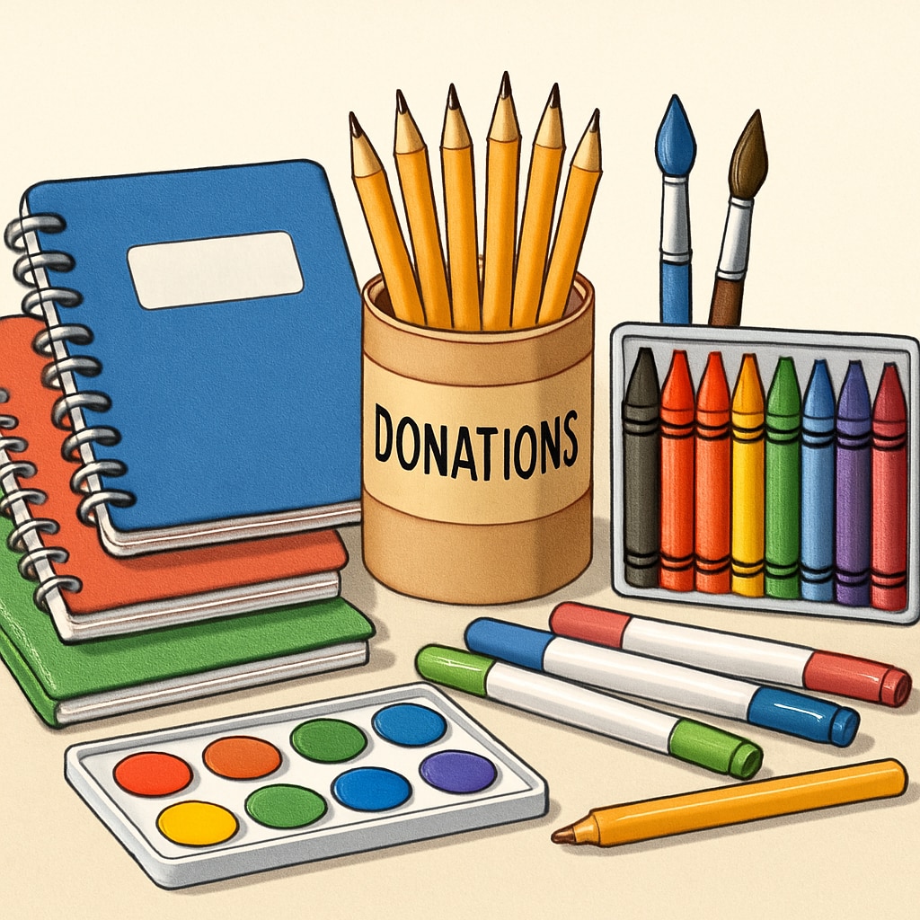 A colorful assembly of donated classroom supplies, including notebooks, pencils, and art materials. Donated classroom supplies like notebooks, pencils, and art materials.
