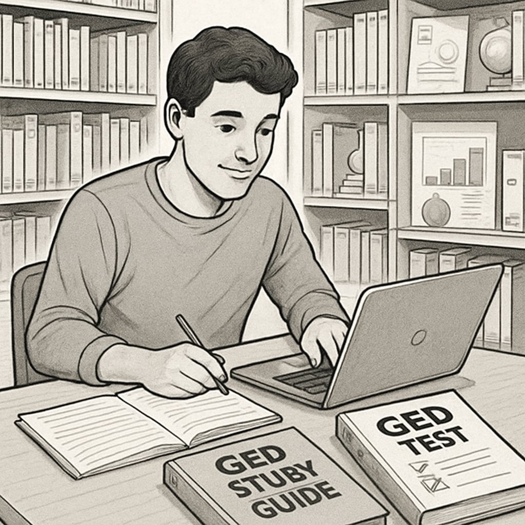 A student using a laptop at a library with GED study materials. Adult education, GED, college admission: student with study materials