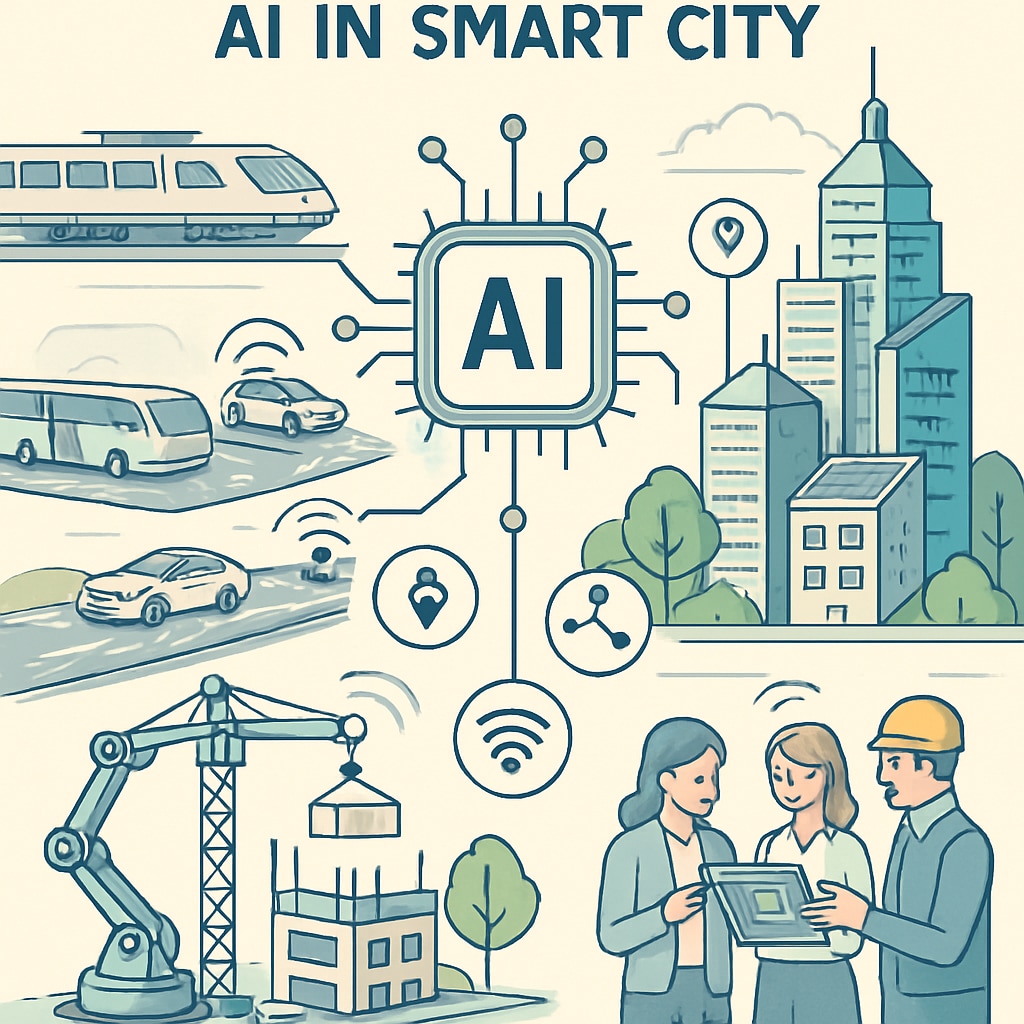 A futuristic smart city concept featuring AI-driven infrastructure, illustrating the integration of AI in civil engineering. AI-driven smart city concept highlighting civil engineering applications