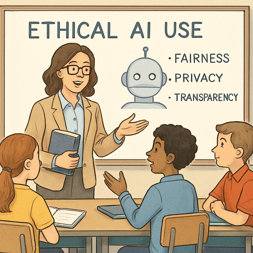 A teacher explaining ethical AI use to students during a classroom discussion. A teacher discussing academic integrity and AI tools with students.