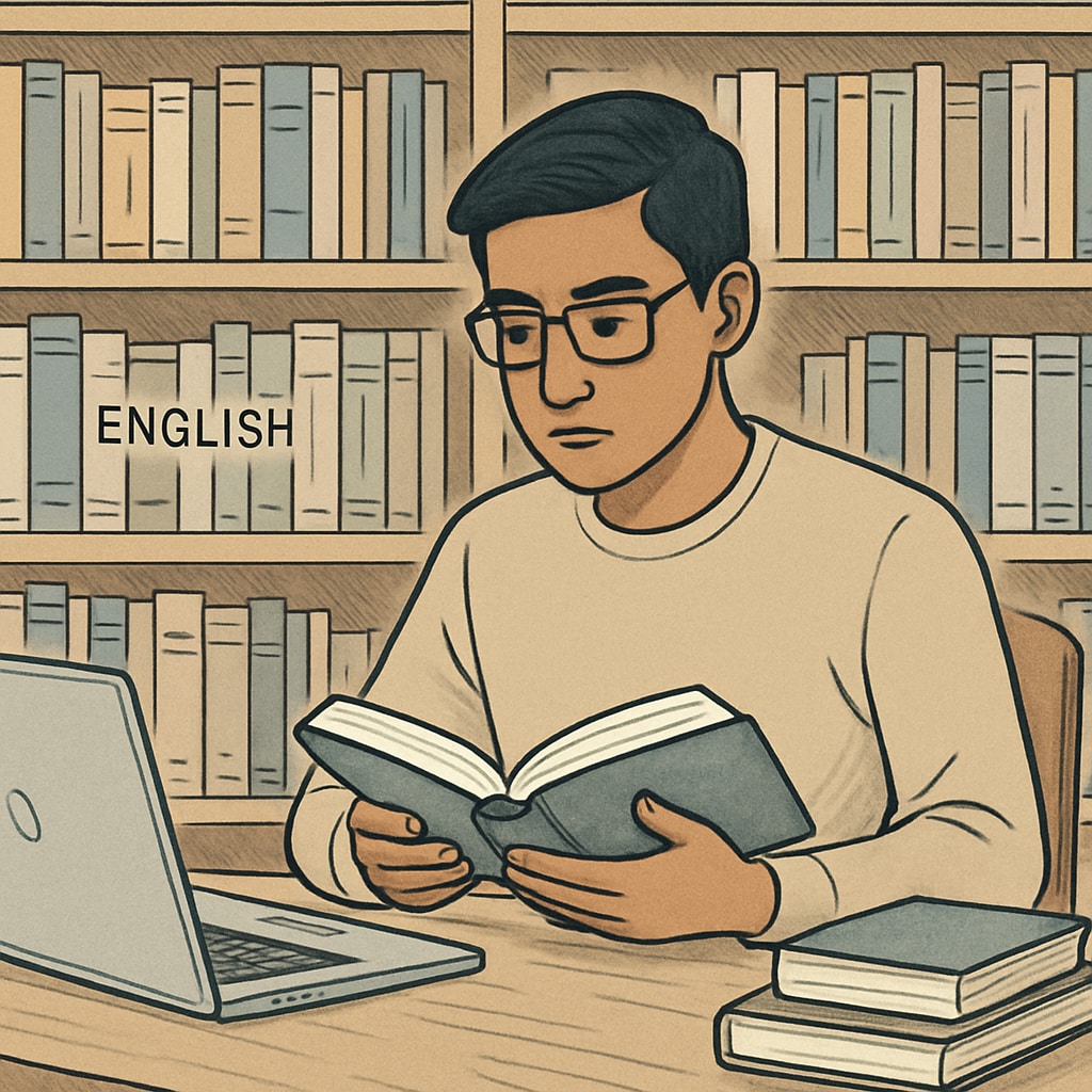International student studying in English-language library for academic success.