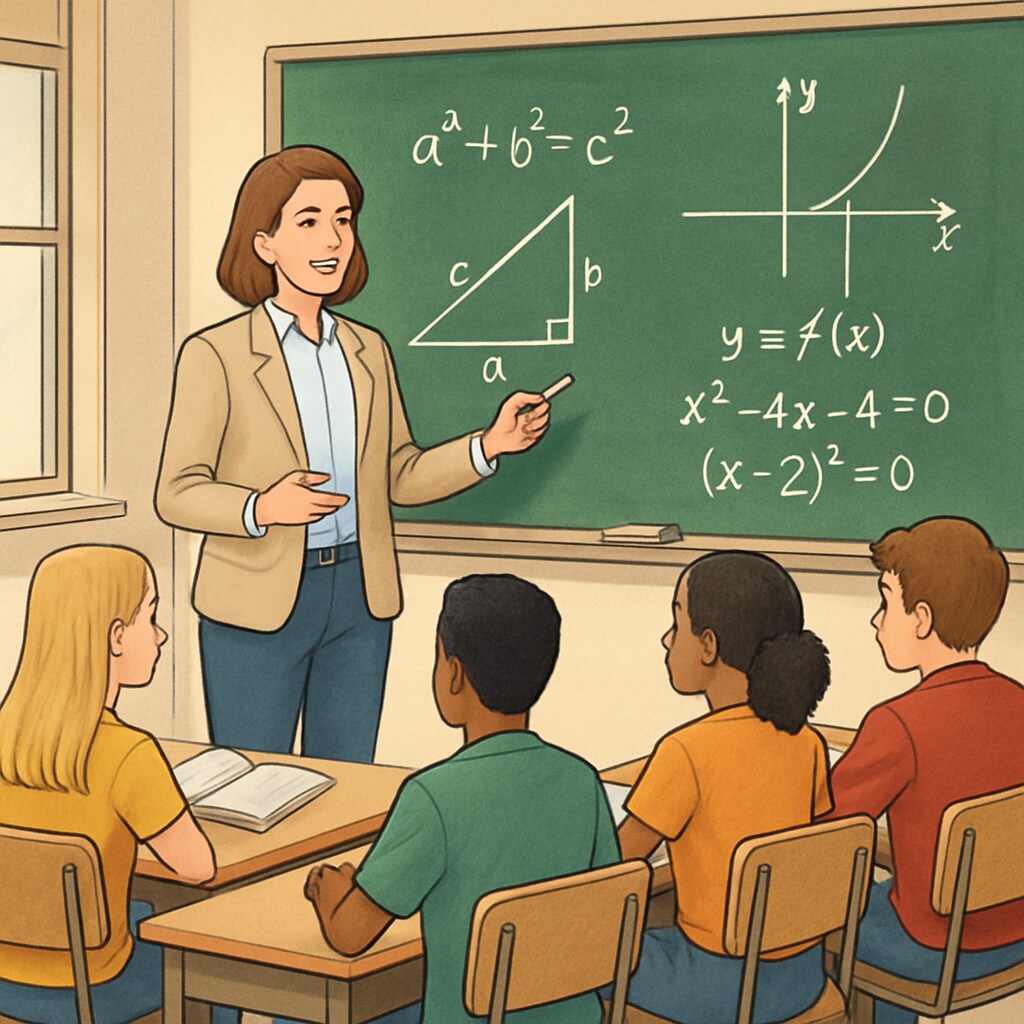 A classroom scene where a teacher is explaining high school math concepts to a diverse group of students. High school math teacher explaining concepts to multicultural students.