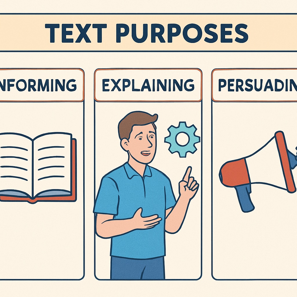 A diagram comparing the three main text purposes—informing, explaining, and persuading—used in reading comprehension. Text purpose comparison diagram for Functional Skills English reading.