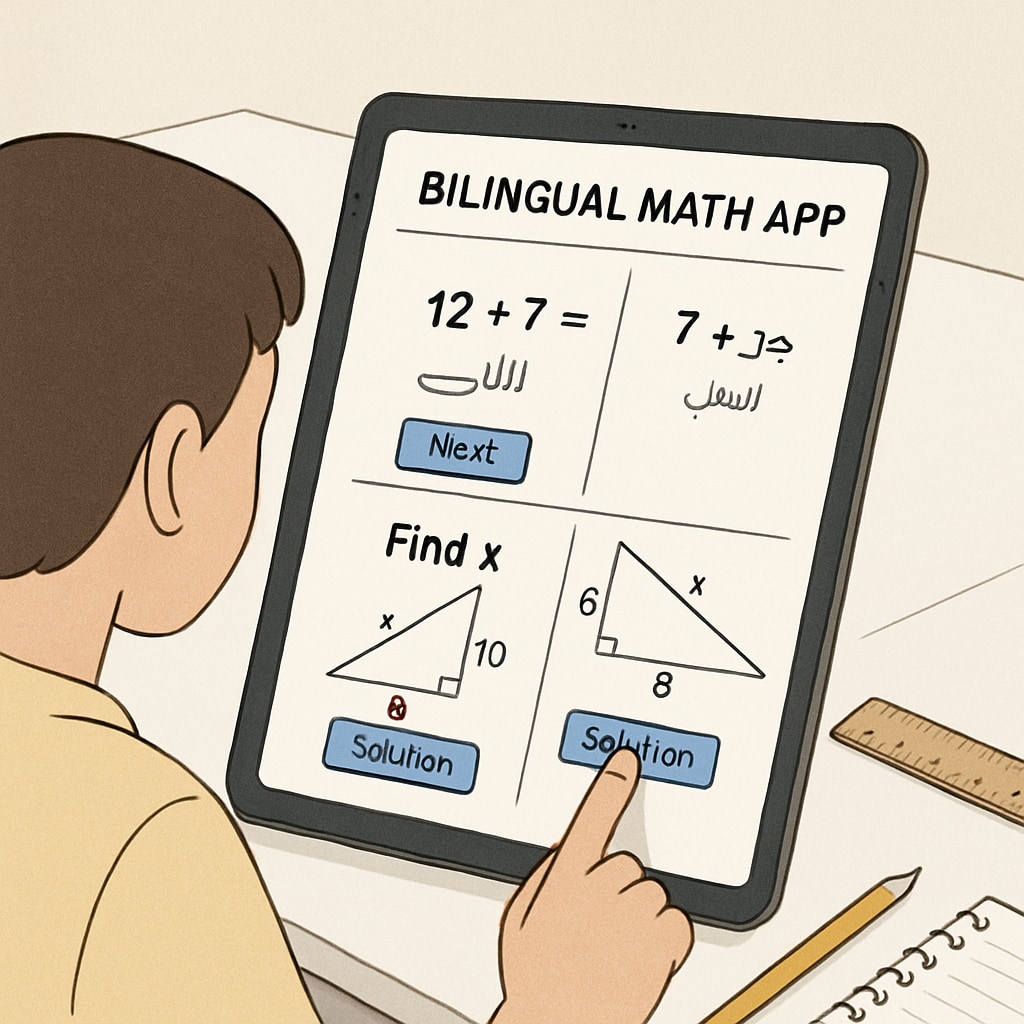 A student using a bilingual math app that displays problems in Arabic and English, showing interactive features. Student engaging with a bilingual math learning tool in Arabic and English.