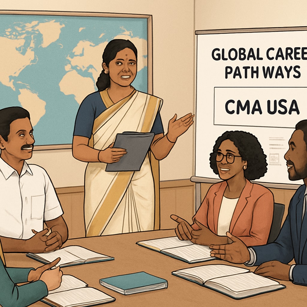 Kerala educators collaborating on CMA USA career pathways during a global workshop