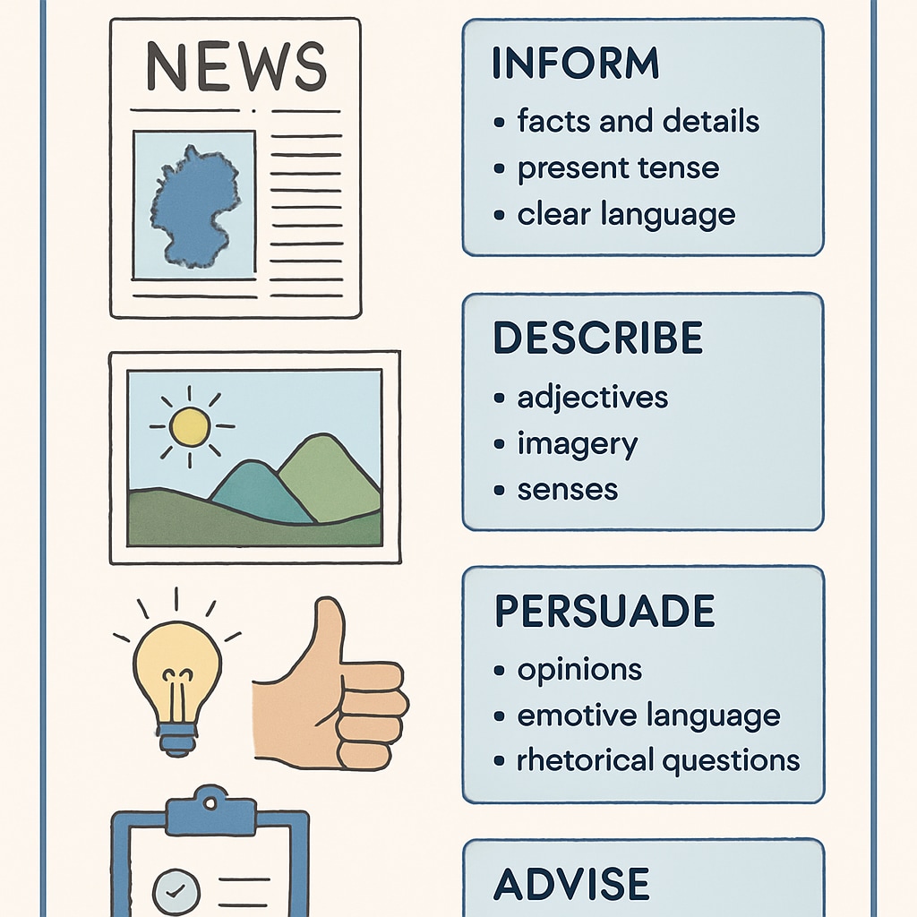 A graphic illustrating practical tips for identifying text purposes in Functional Skills English exams. Tips for recognizing text purposes in reading exams graphic.