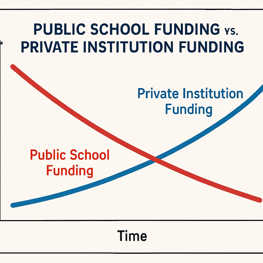 A graph showing the decline in public school funding alongside the rise in private institution funding. The graph highlights the disparity in resource allocation over time. Graph depicting the decline in public school funding and the rise in private institution funding.