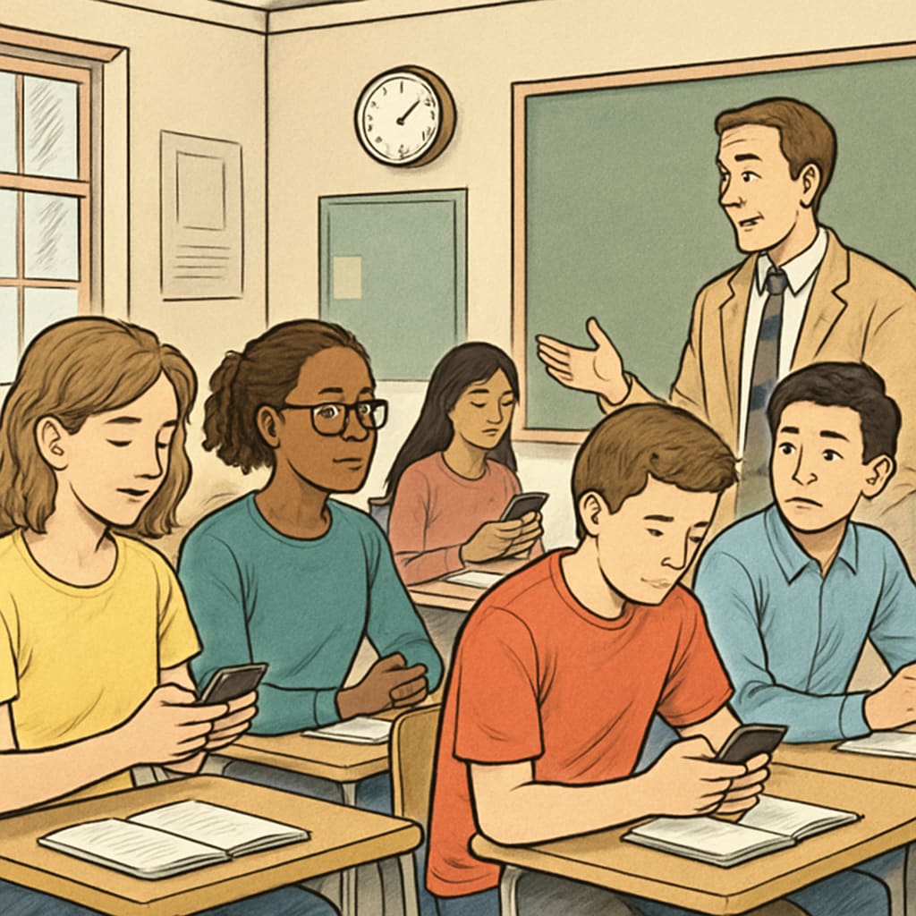 A diverse group of students in a classroom, some looking at their phones while others are paying attention to the teacher. Students in a classroom with mixed phone usage, showing the impact of the campus phone ban.