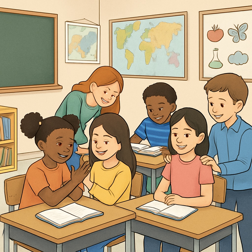 An illustration of students interacting positively in a diverse, inclusive classroom environment, emphasizing the absence of bullying behaviors. Students in a safe, bullying-free classroom environment.