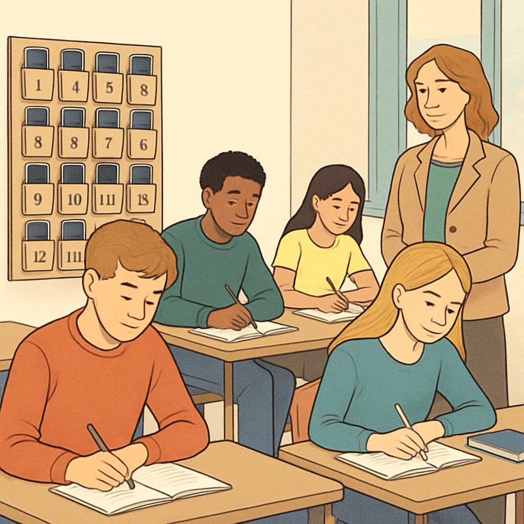 Students sitting in a classroom, with a teacher supervising as they focus on their notebooks and pens, while their phones are kept in a designated storage area. Students in a classroom with phones stored securely, promoting focus and learning.