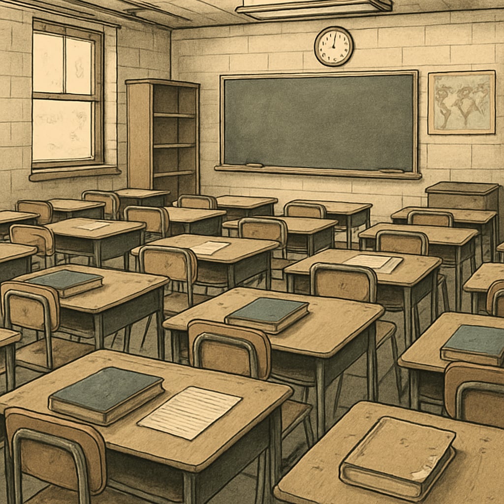 A classroom with overcrowded seating and minimal resources, visually representing underfunded public schools. The image highlights the challenges faced by public education. Overcrowded classroom with minimal resources, representing underfunded public schools.
