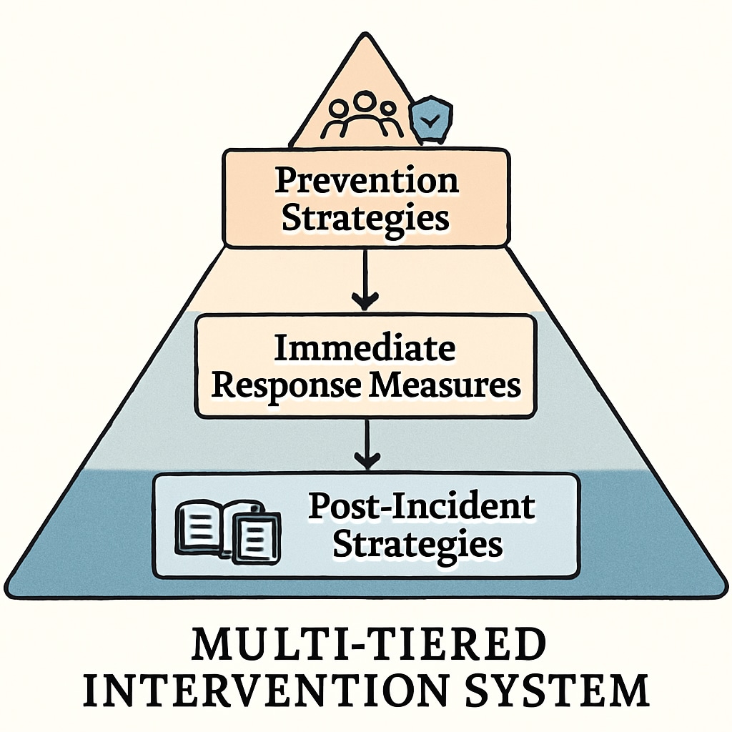 A diagram illustrating the multi-layered intervention system, including prevention, immediate response, and post-incident strategies. Diagram of a school bullying intervention system.