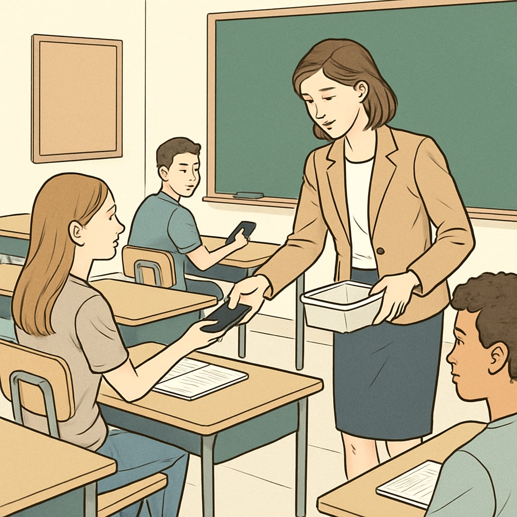 A teacher collecting smartphones from students before the start of a class. Teacher enforcing the campus phone ban by collecting phones from students.