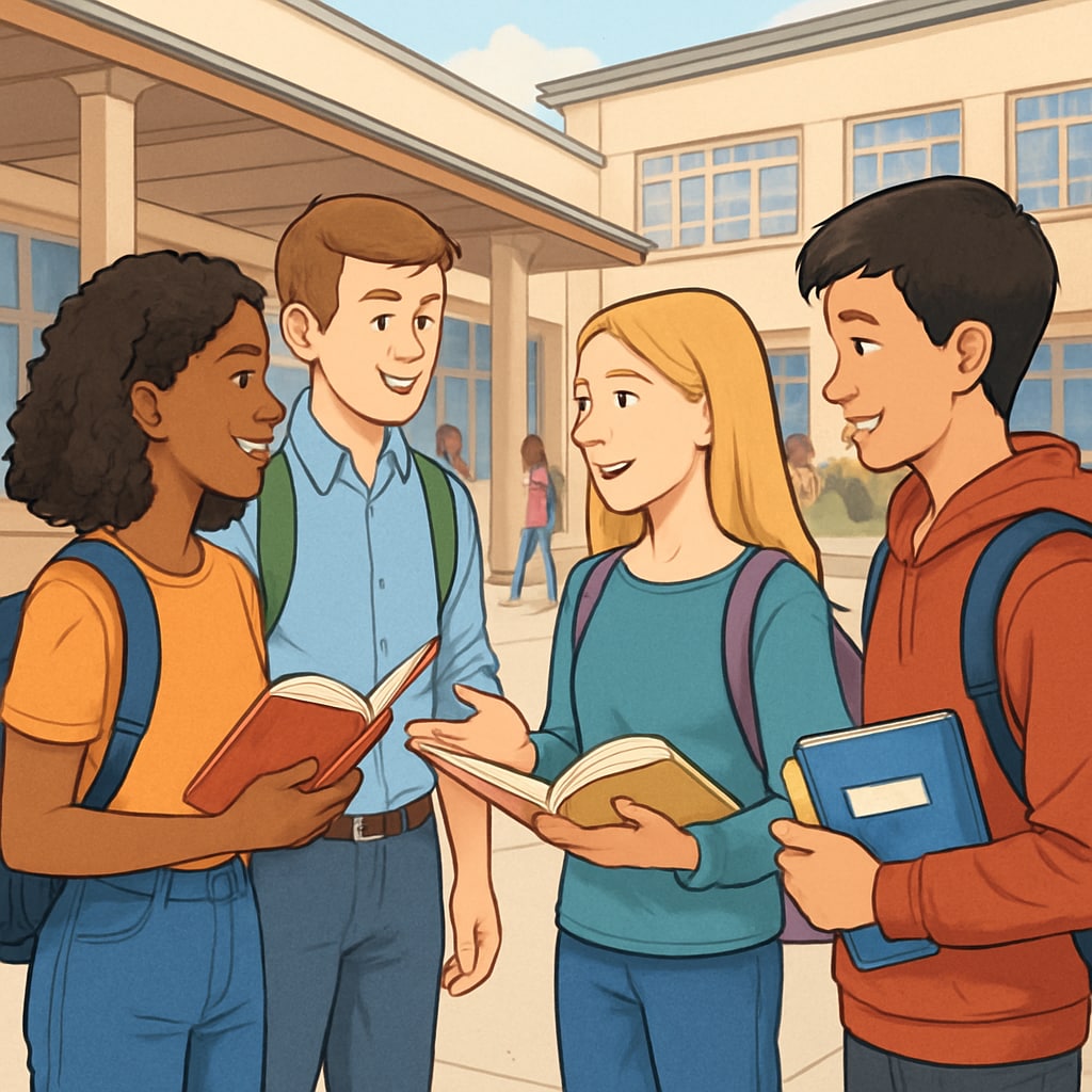 A group of students interacting in a school courtyard, some holding books and others with phones visibly tucked away in their backpacks. Students interacting outdoors with phones stored away, reflecting balanced phone policies.
