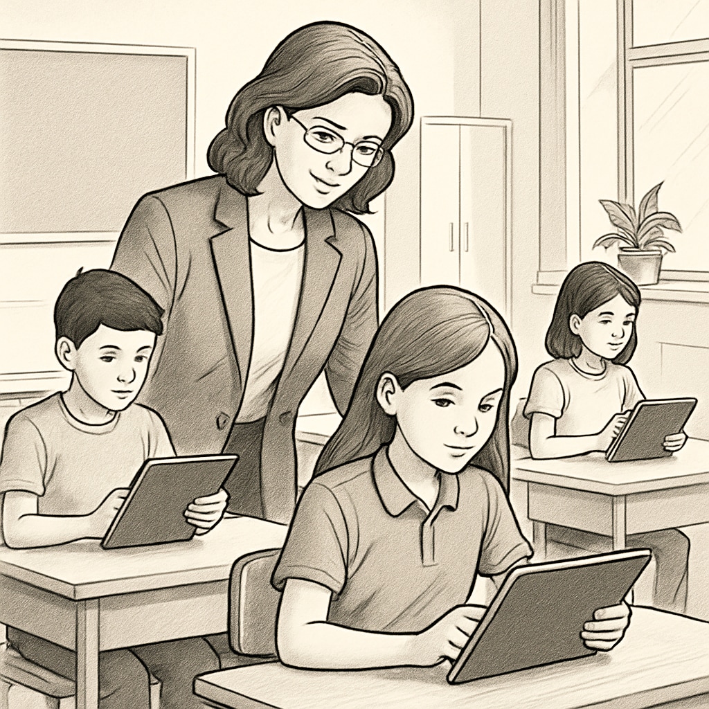 A teacher monitoring a classroom where students are using tablets for learning. The teacher ensures students are using AI tools responsibly and ethically. A teacher monitoring K12 students using tablets, emphasizing academic integrity with AI tools.