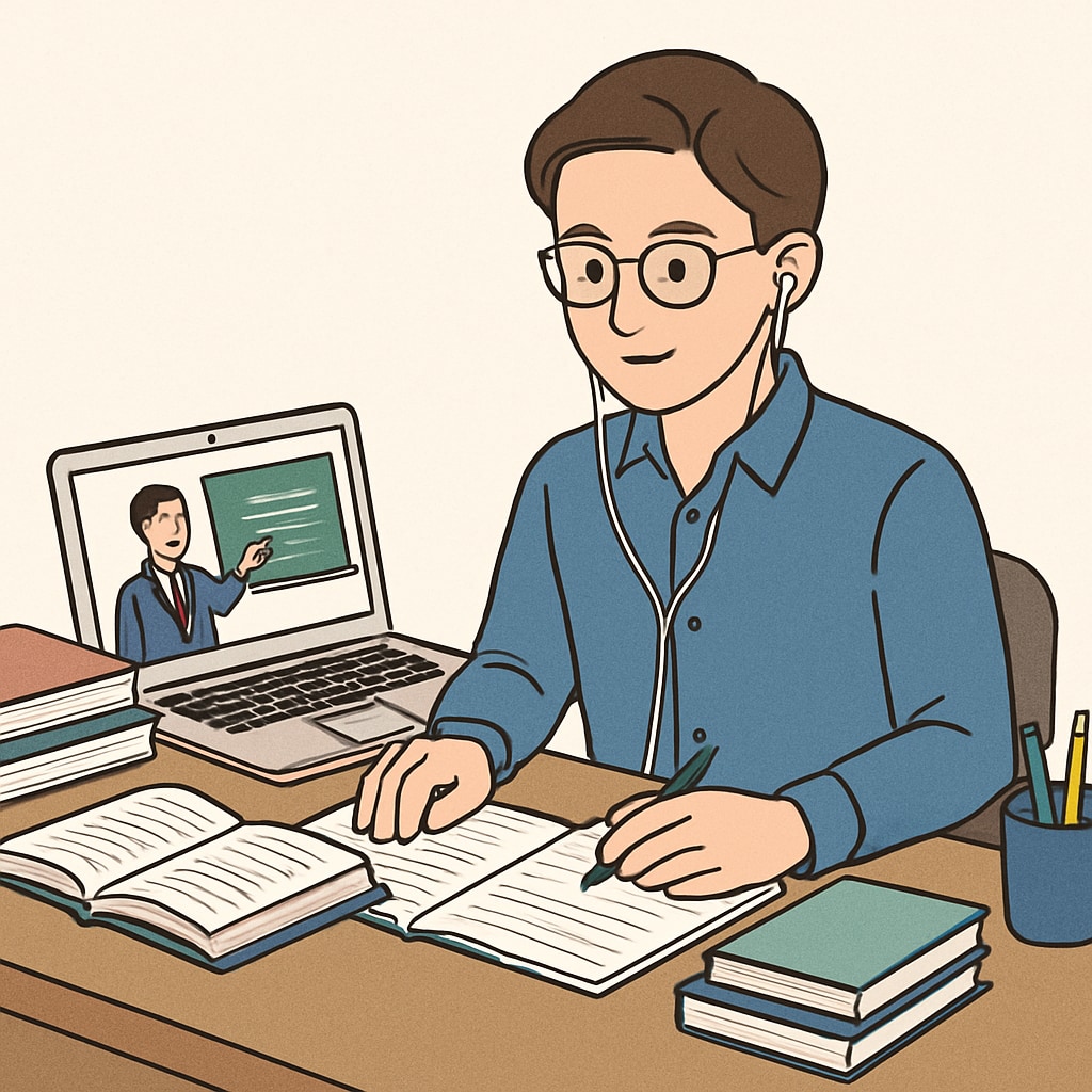 A professional studying on a laptop with books and notes around her, illustrating the concept of online learning for busy individuals. Professional studying online, representing flexible learning for working professionals.
