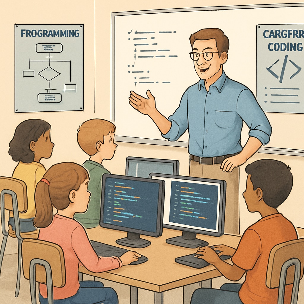 Middle school students learning coding, representing programming career paths.