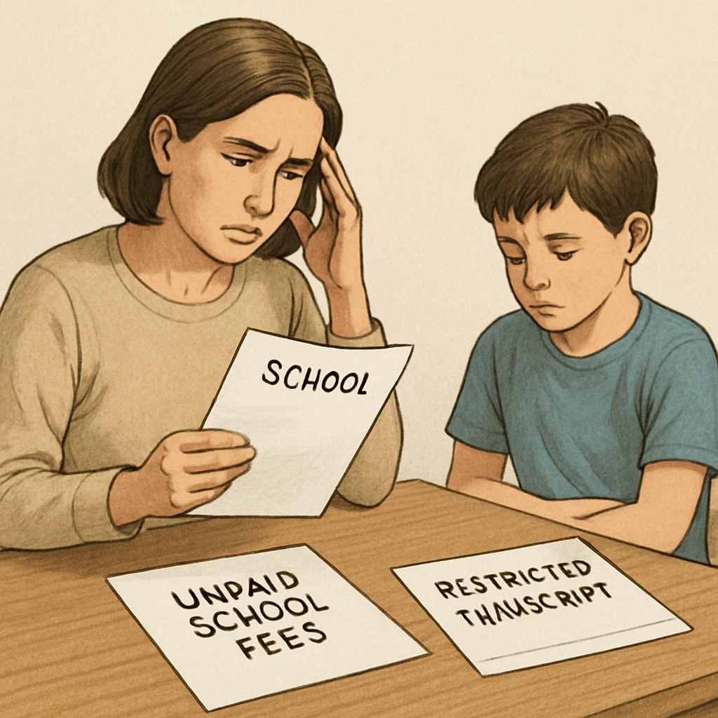 A concerned parent holding a letter from a school while a child sits nearby, symbolizing the emotional stress of unpaid fees and restricted transcripts. Parent and child discussing unpaid school fees and transcript restrictions.