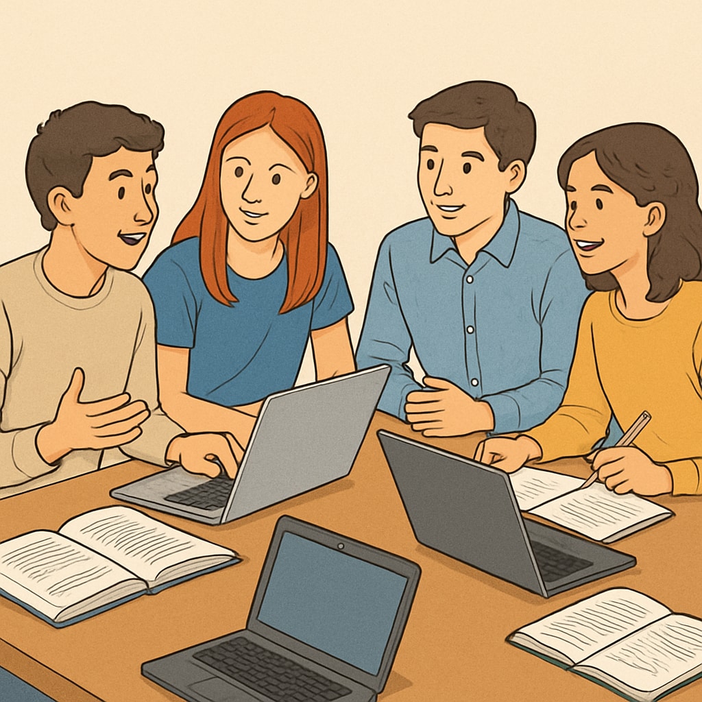 Students engaging in a group project with laptops, discussing ideas collaboratively. The image highlights the importance of teamwork and process in education. K12 students in a group project using laptops, promoting collaborative and ethical learning.