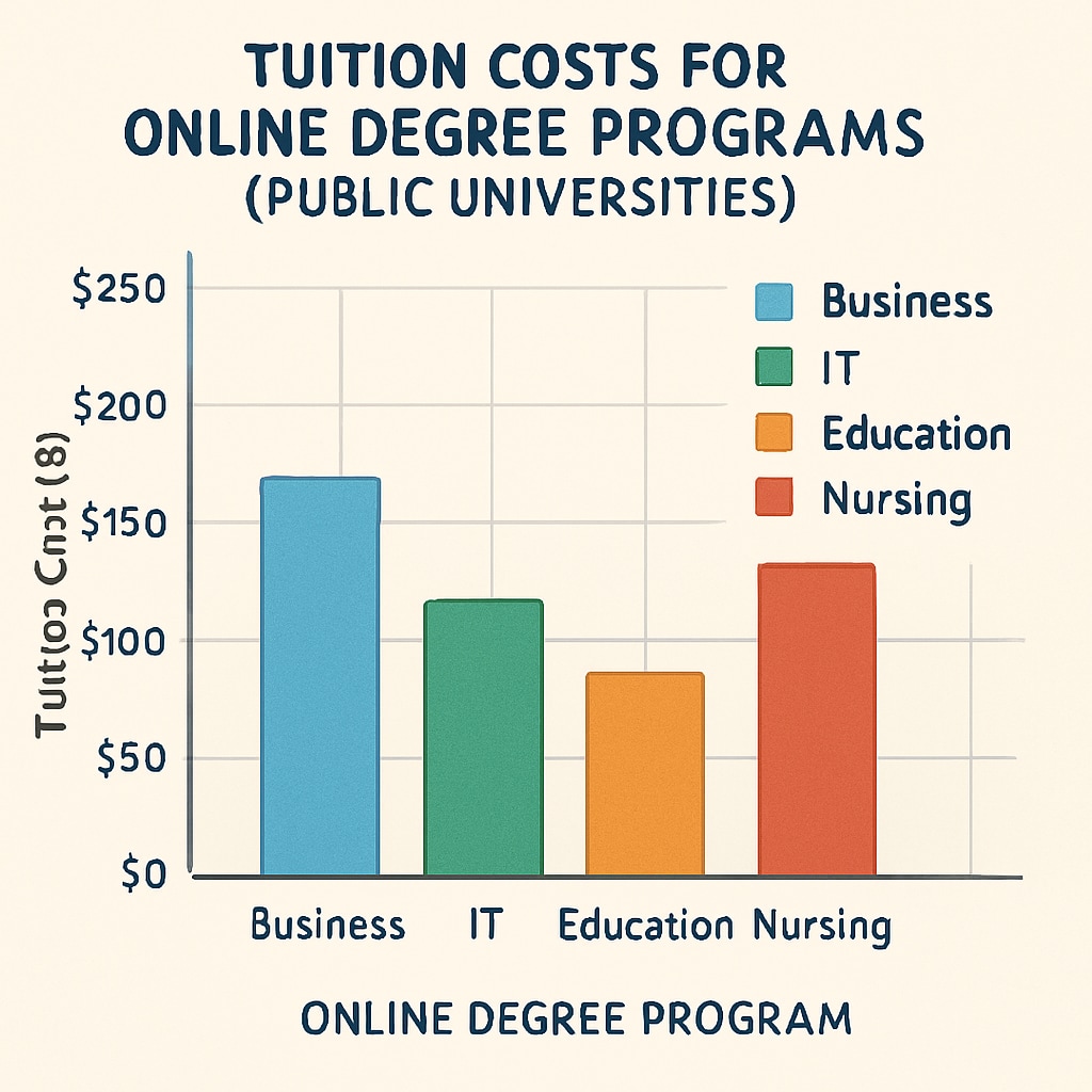 A comparison chart showing tuition costs of various online degree programs from public universities. Chart comparing tuition fees for affordable online degrees.