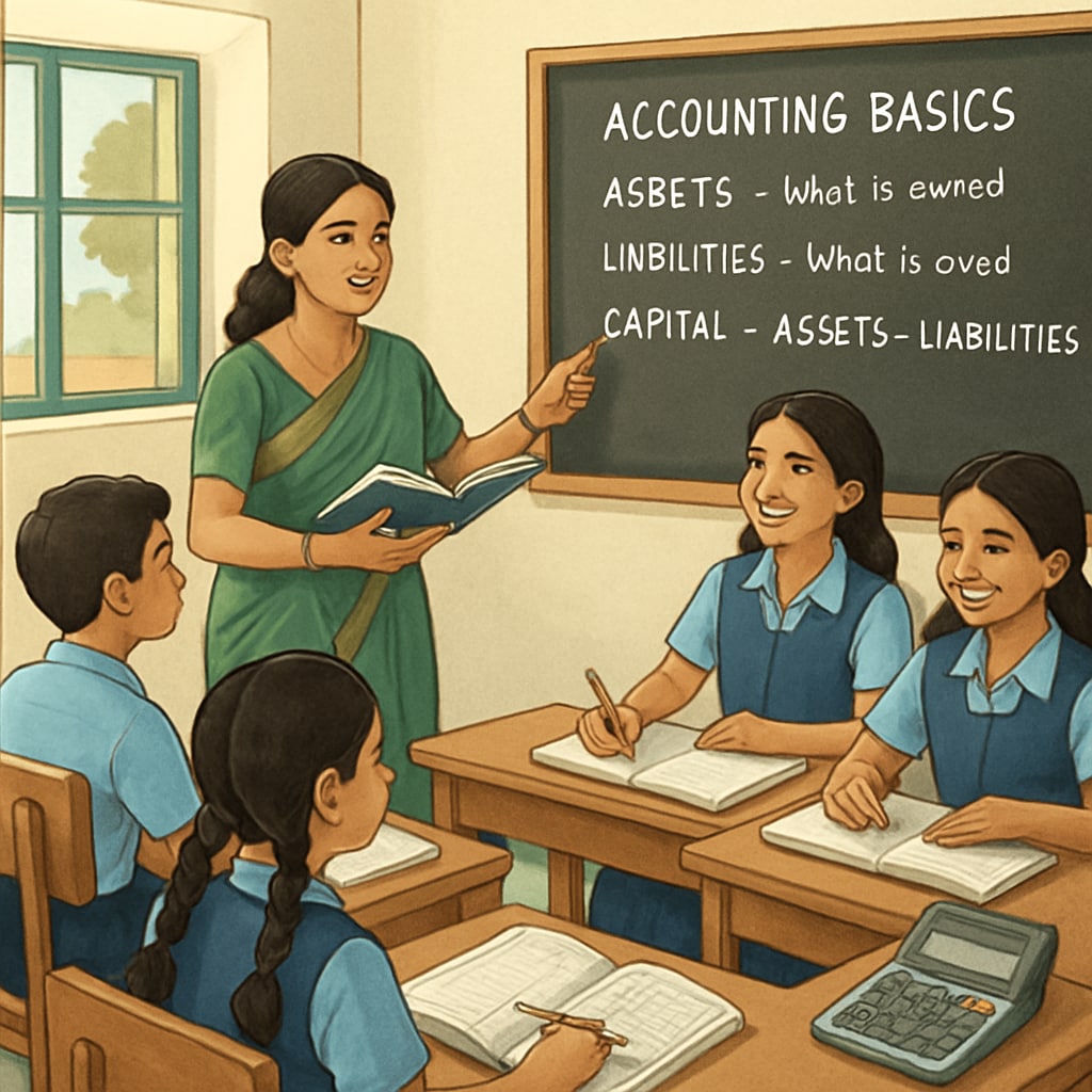 A classroom in Kerala where students are learning accounting basics through interactive methods. Kerala classroom teaching accounting basics as part of CMA USA exam preparation.